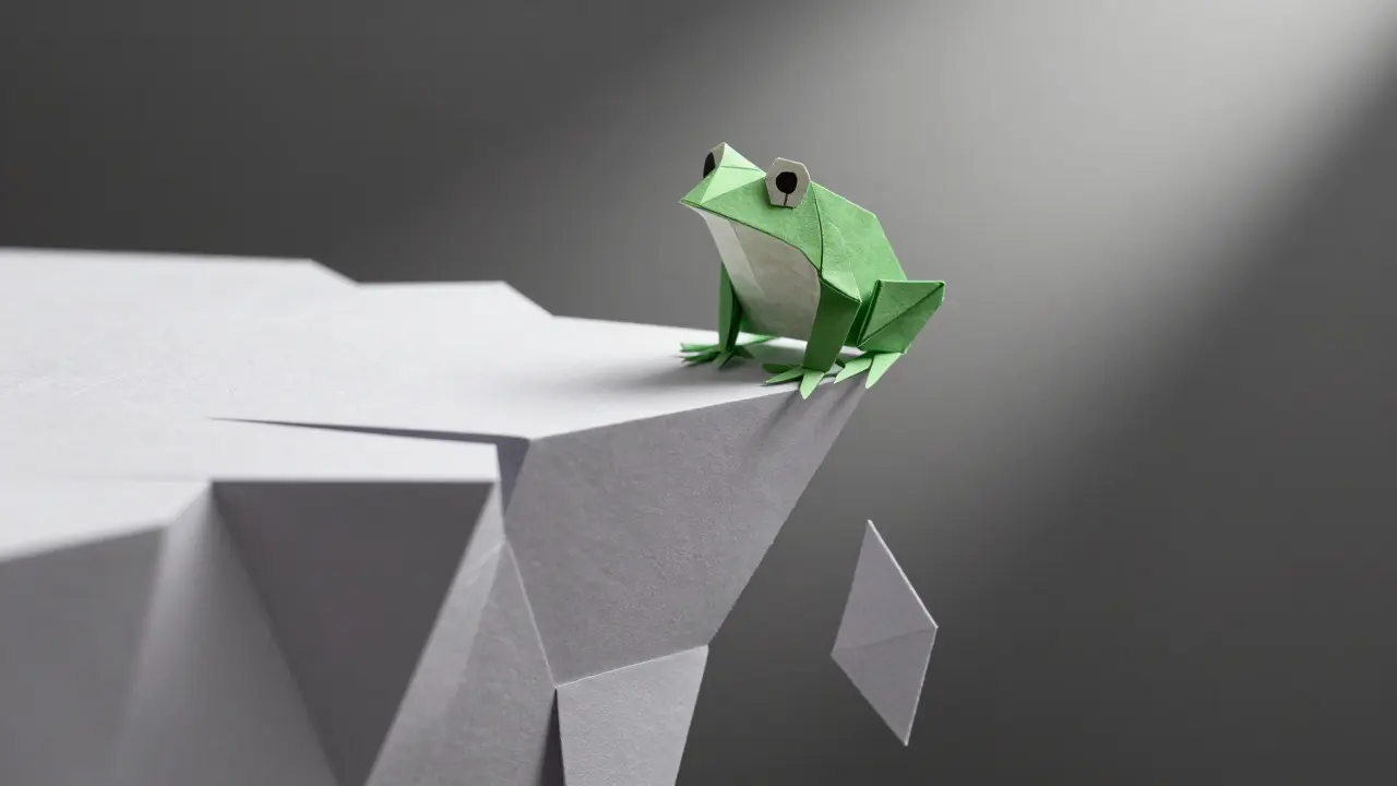Origami frog balancing on a fragile paper cliff edge