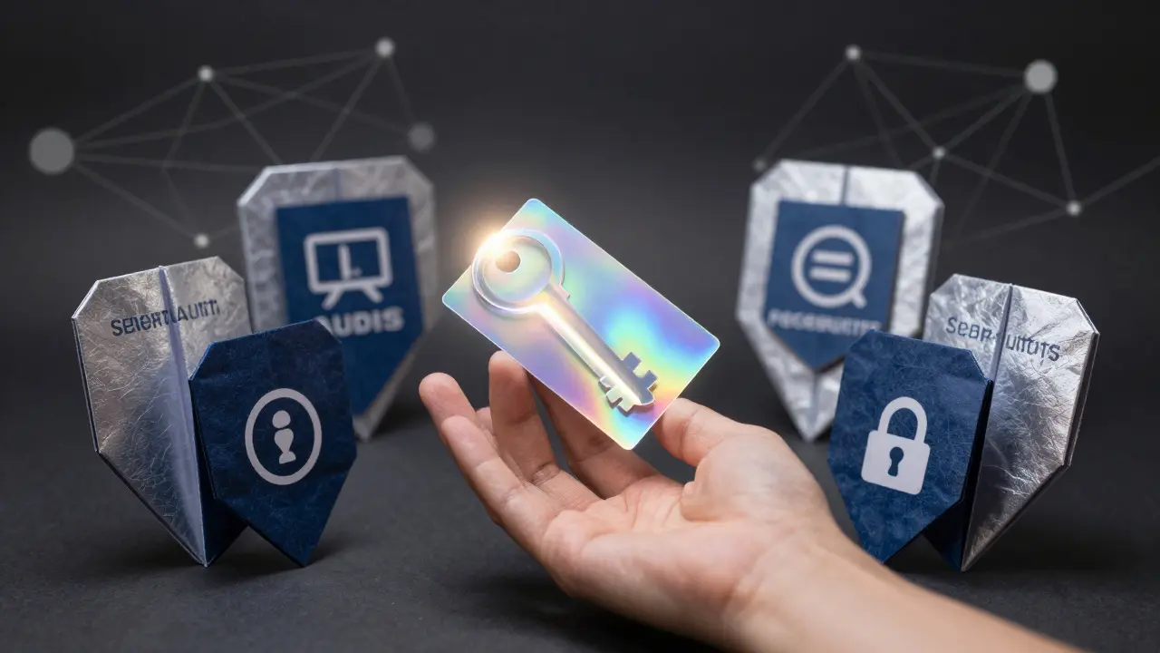 Origami hand holding a glowing key, surrounded by protective shields, symbolizing crypto security.