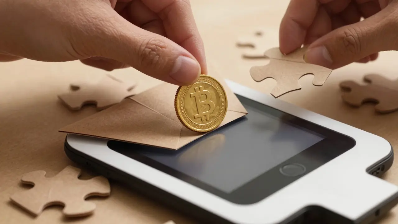 Origami hand placing coin into paper wallet