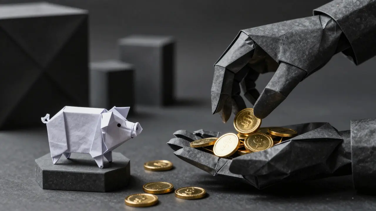 Origami hand stealing gold coins representing crypto scam trap