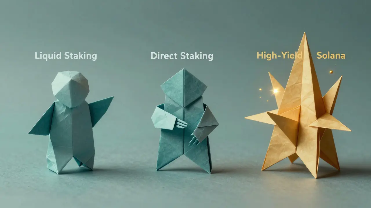 Origami illustration of three JPool staking methods: Liquid, Direct, and High-Yield