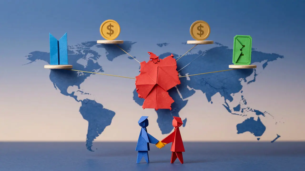Origami map of Europe with connected tokens, showing global market access