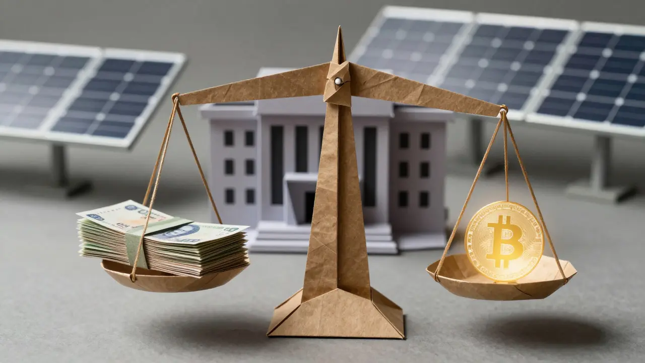 Origami scale balancing pesos and bitcoin