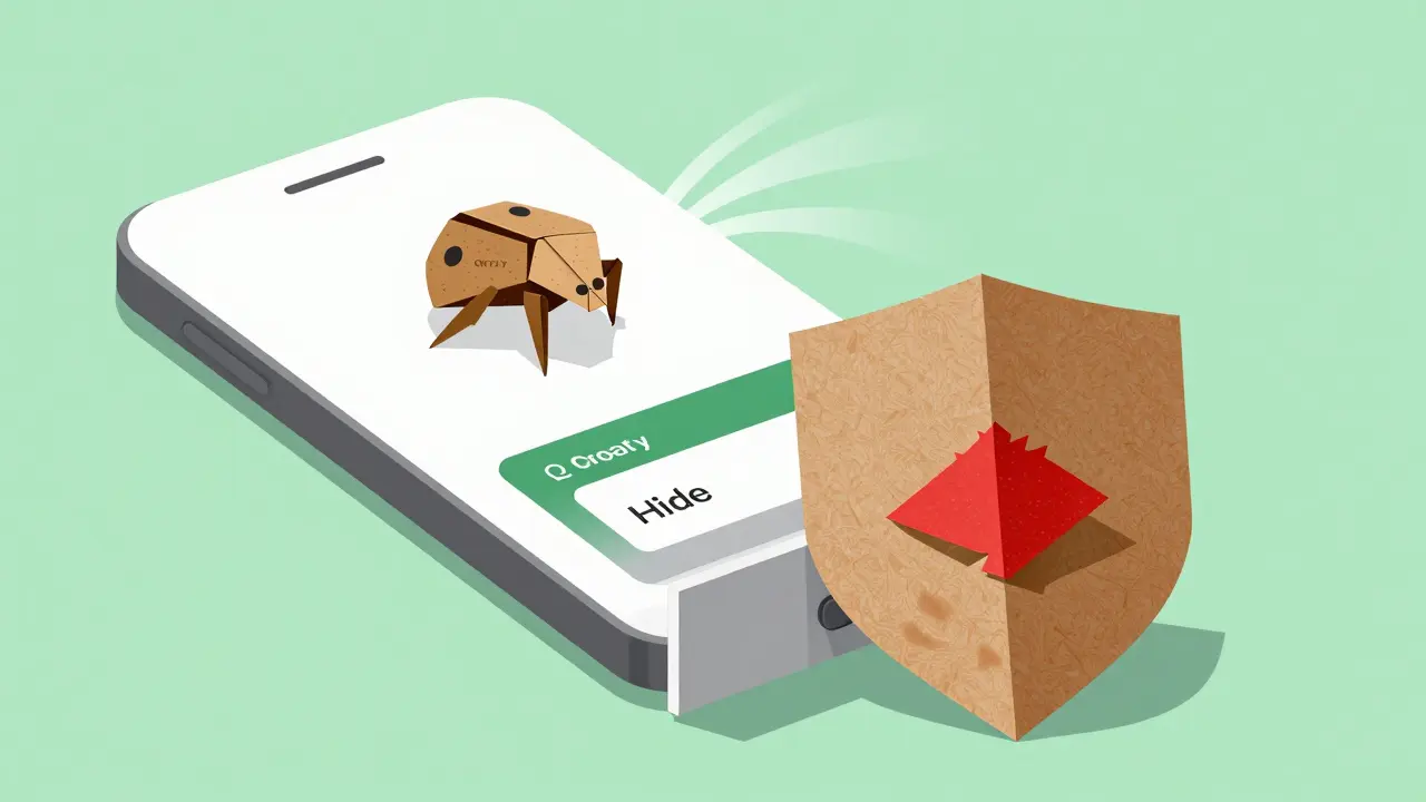 Origami smartphone hiding worthless token while blocking red paper scam arrows with a shield.
