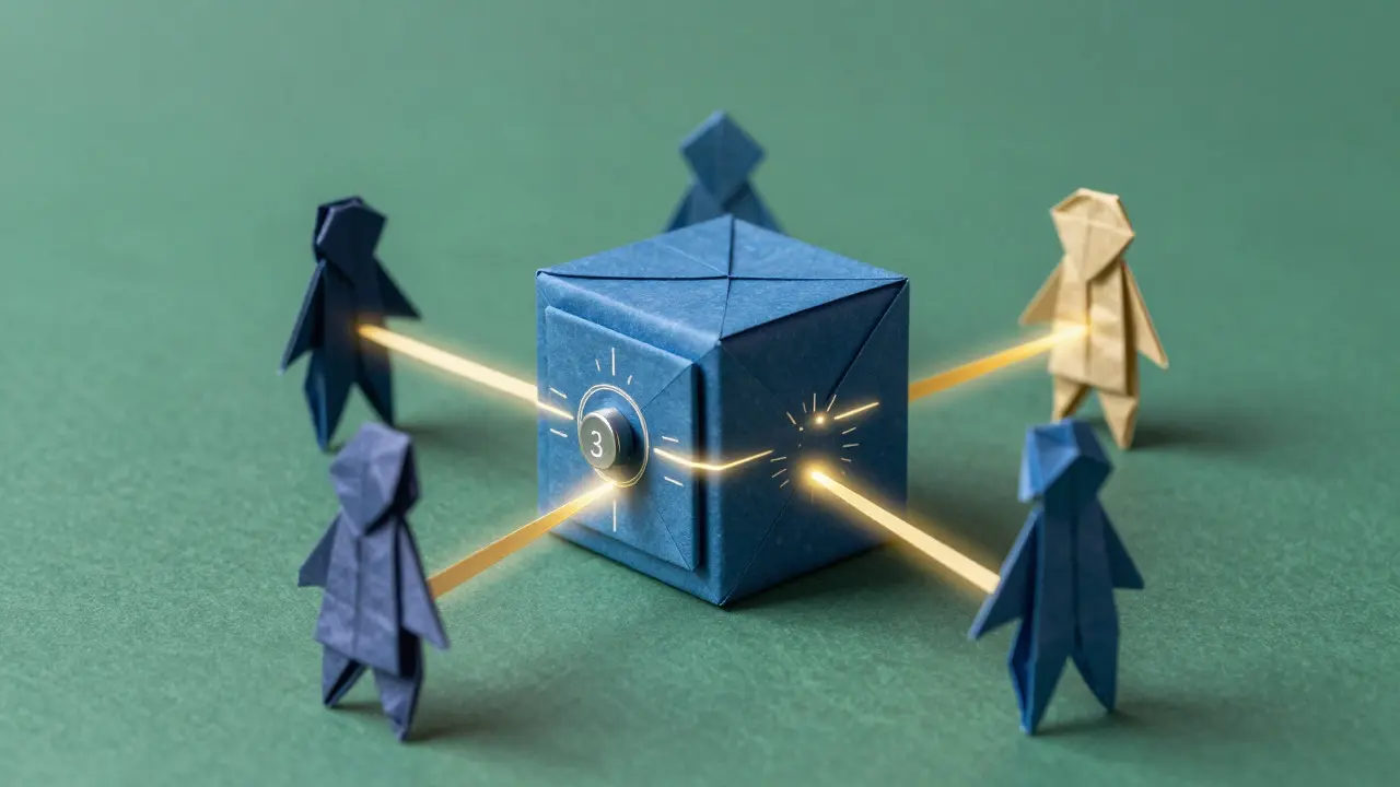 Origami vault guarded by three paper figures via golden threads