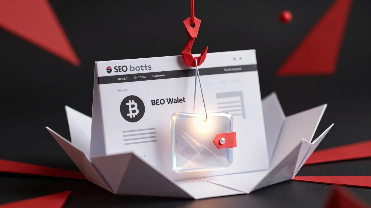 Origami wallet being hooked by a scam trap