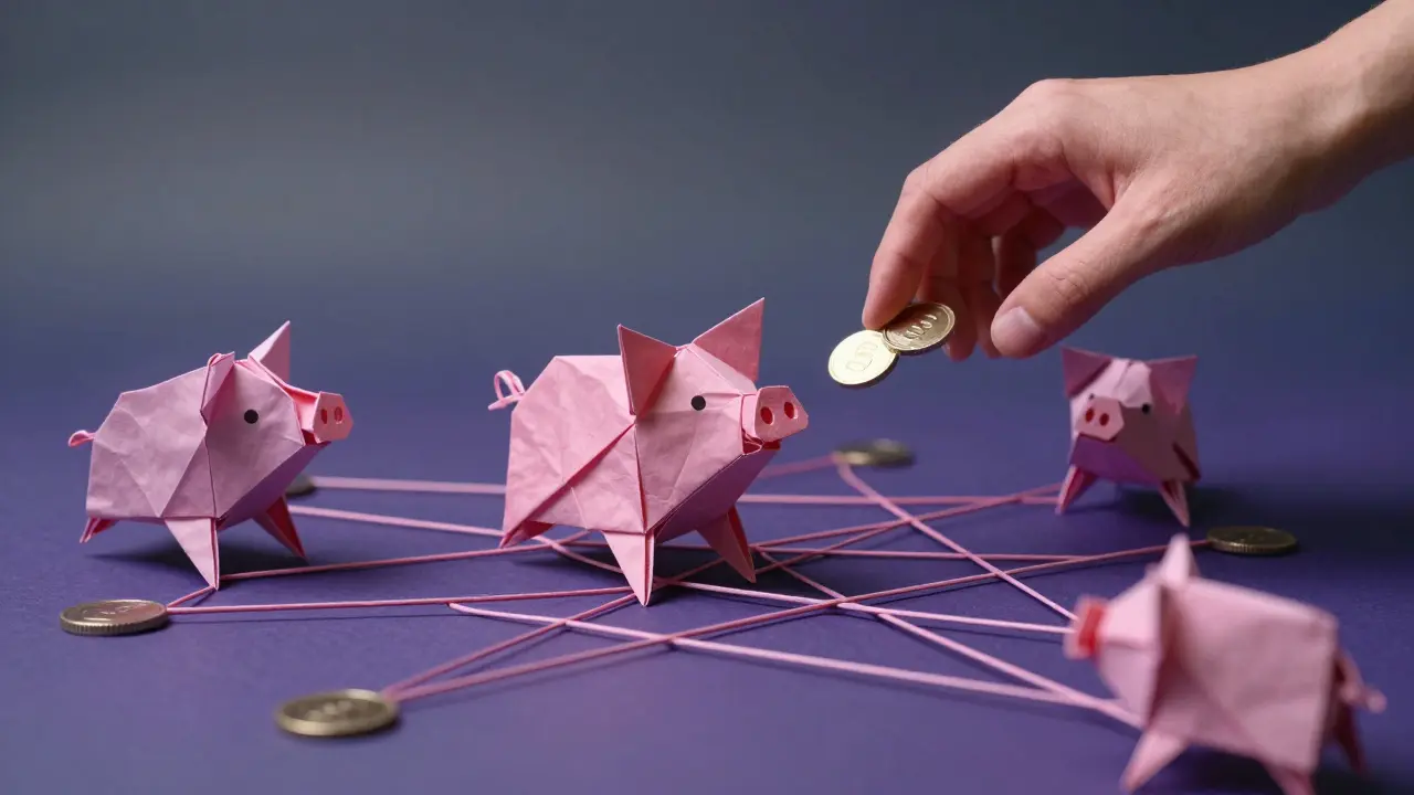 Origami web showing a predator trapping a victim with fake crypto coins