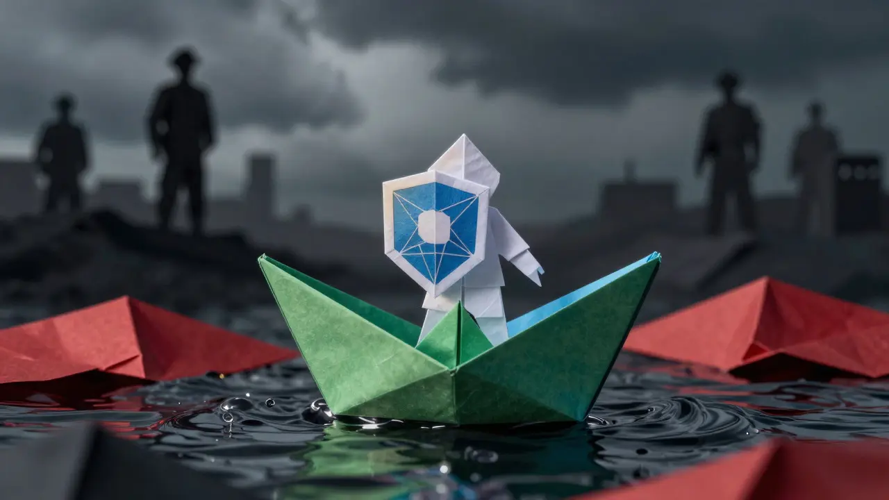Paper boat sailing on turbulent waves with a figure holding a blockchain shield.