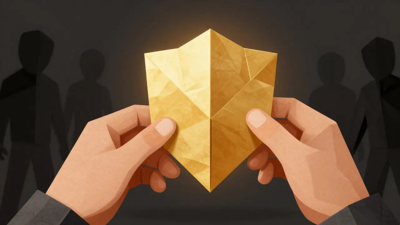 Paper hands inspecting a golden origami shield against shadowy threats