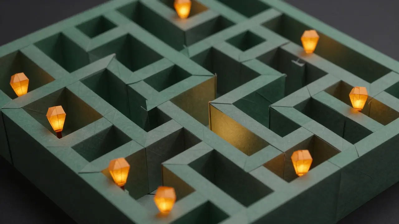 Paper maze with glowing lanterns showing network resilience