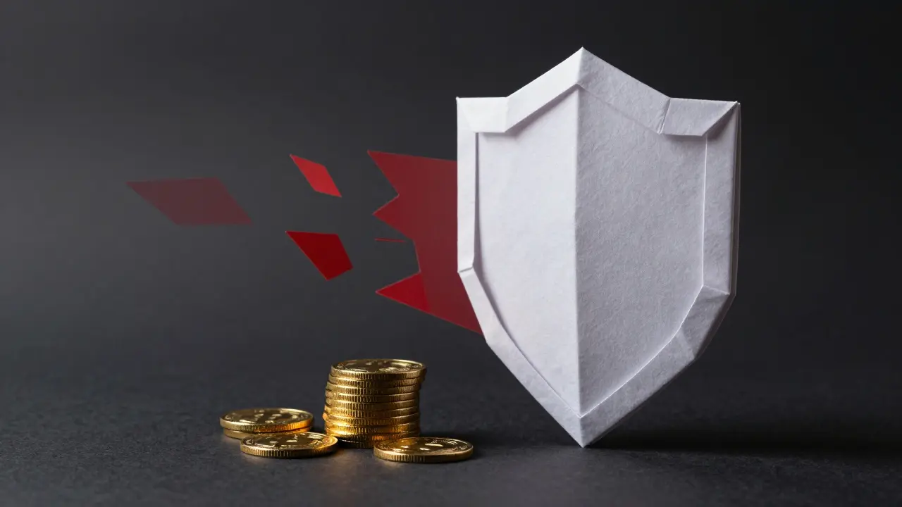 Paper origami shield protecting coins from red threat shards