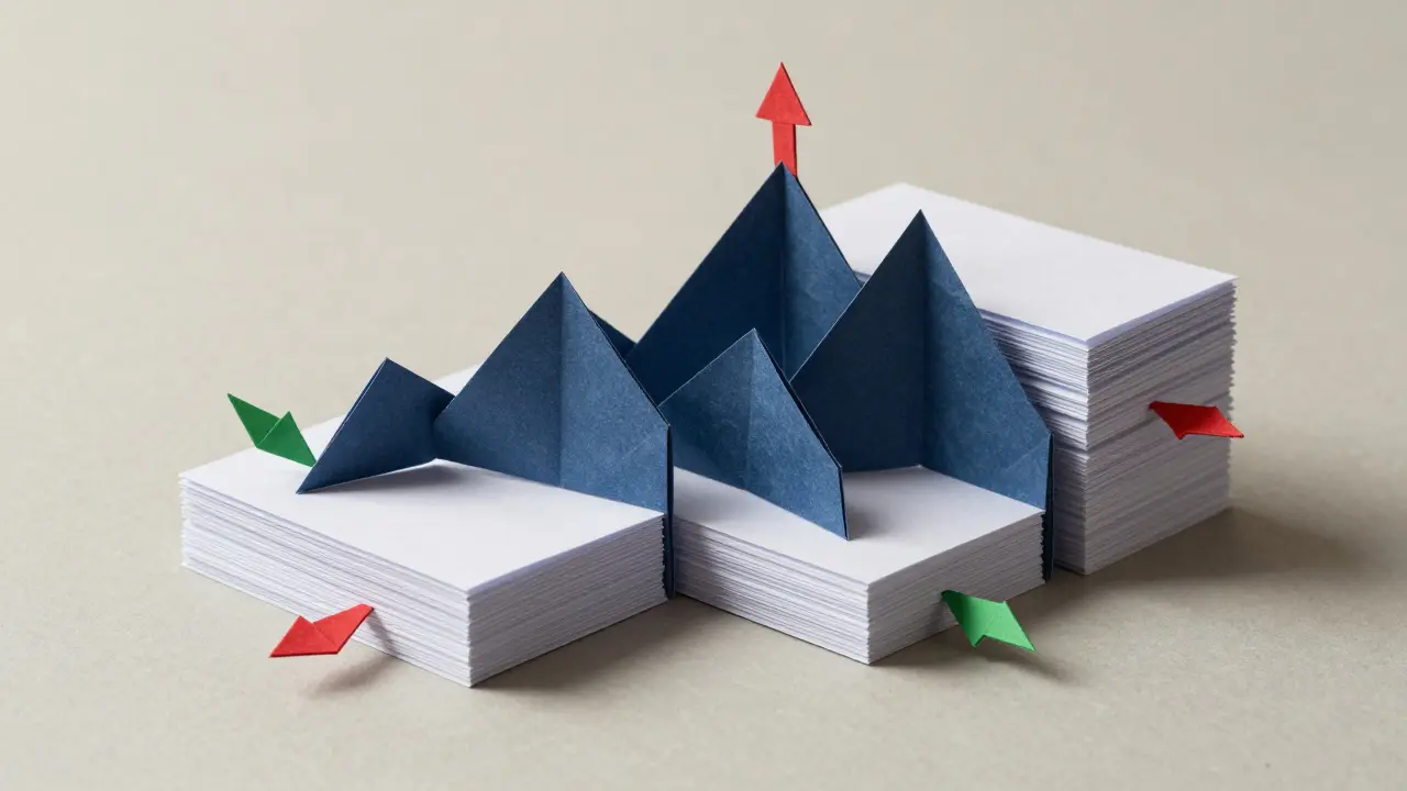 Stacked blue and white origami documents with arrows showing data filtering