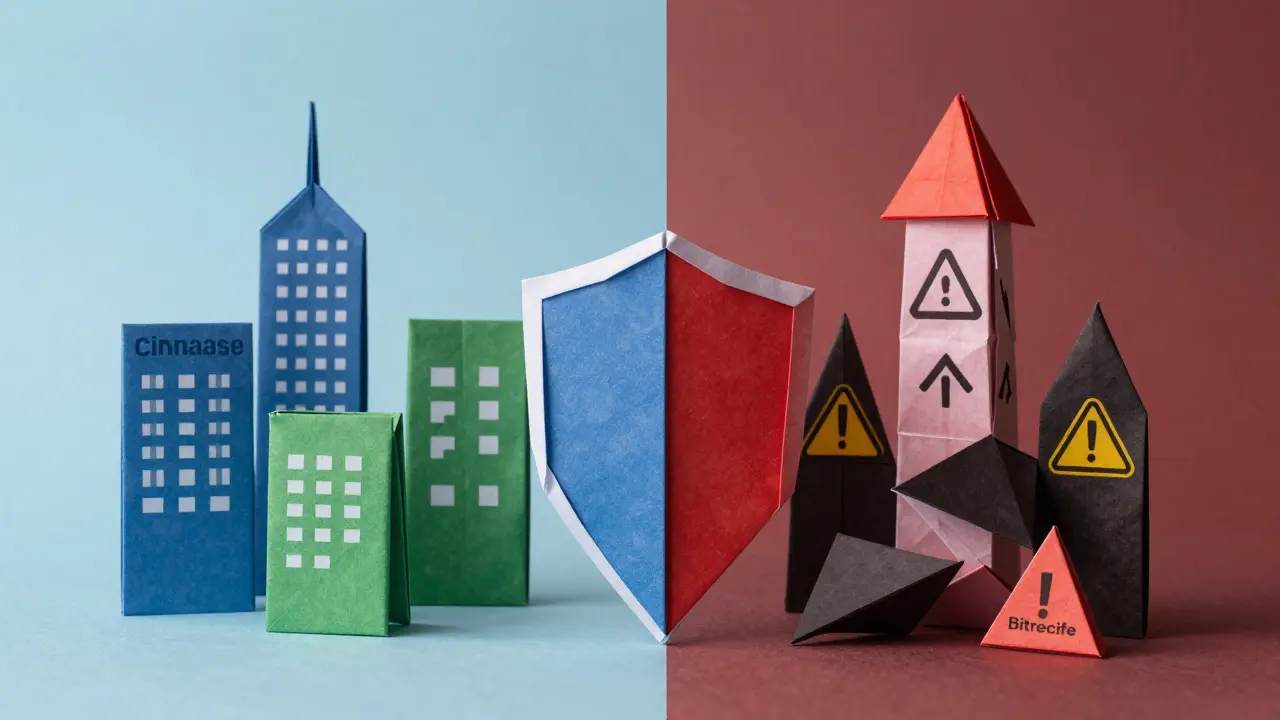 Sturdy origami buildings vs crumbling tower symbolizing safe vs scam