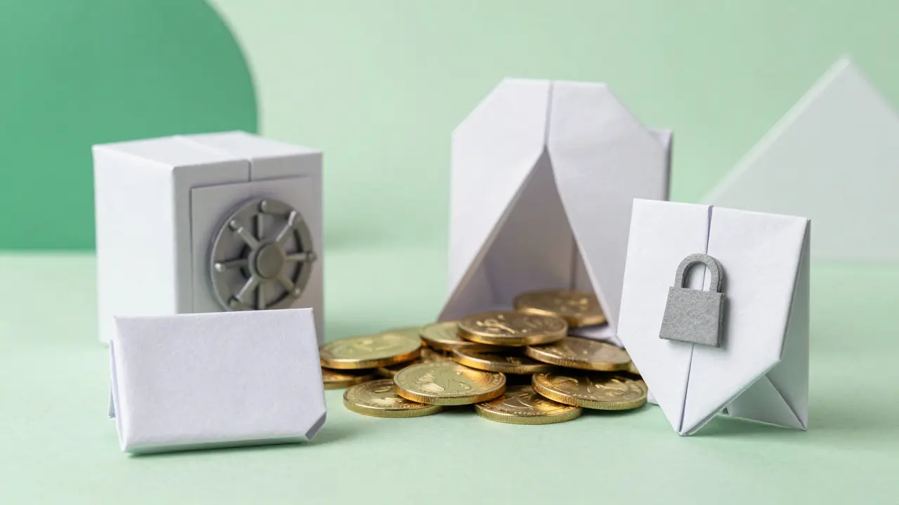 Sturdy origami shields and hardware wallet protecting gold paper coins