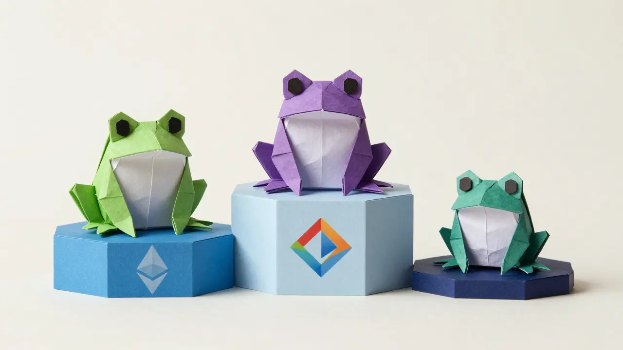 Three origami frogs on different blockchain symbols