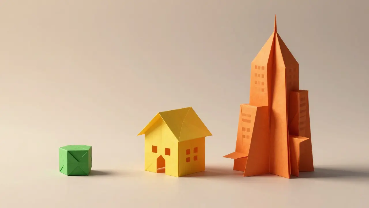 Three origami models of increasing complexity representing audit tiers