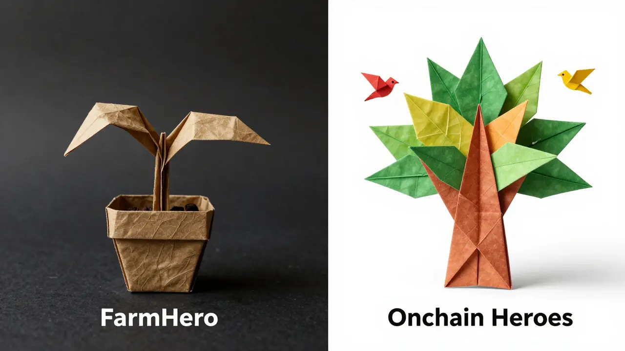 Wilted FarmHero vs vibrant Onchain Heroes