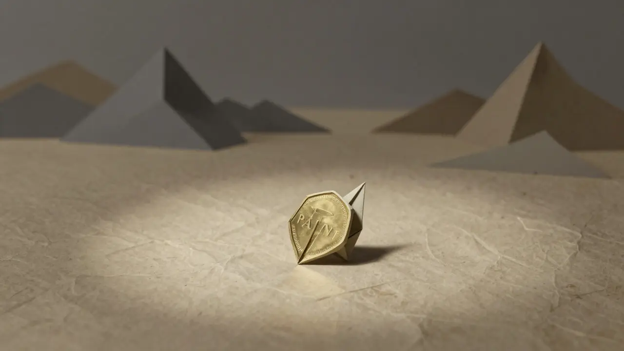 A small origami token sitting alone on a vast, textured paper landscape
