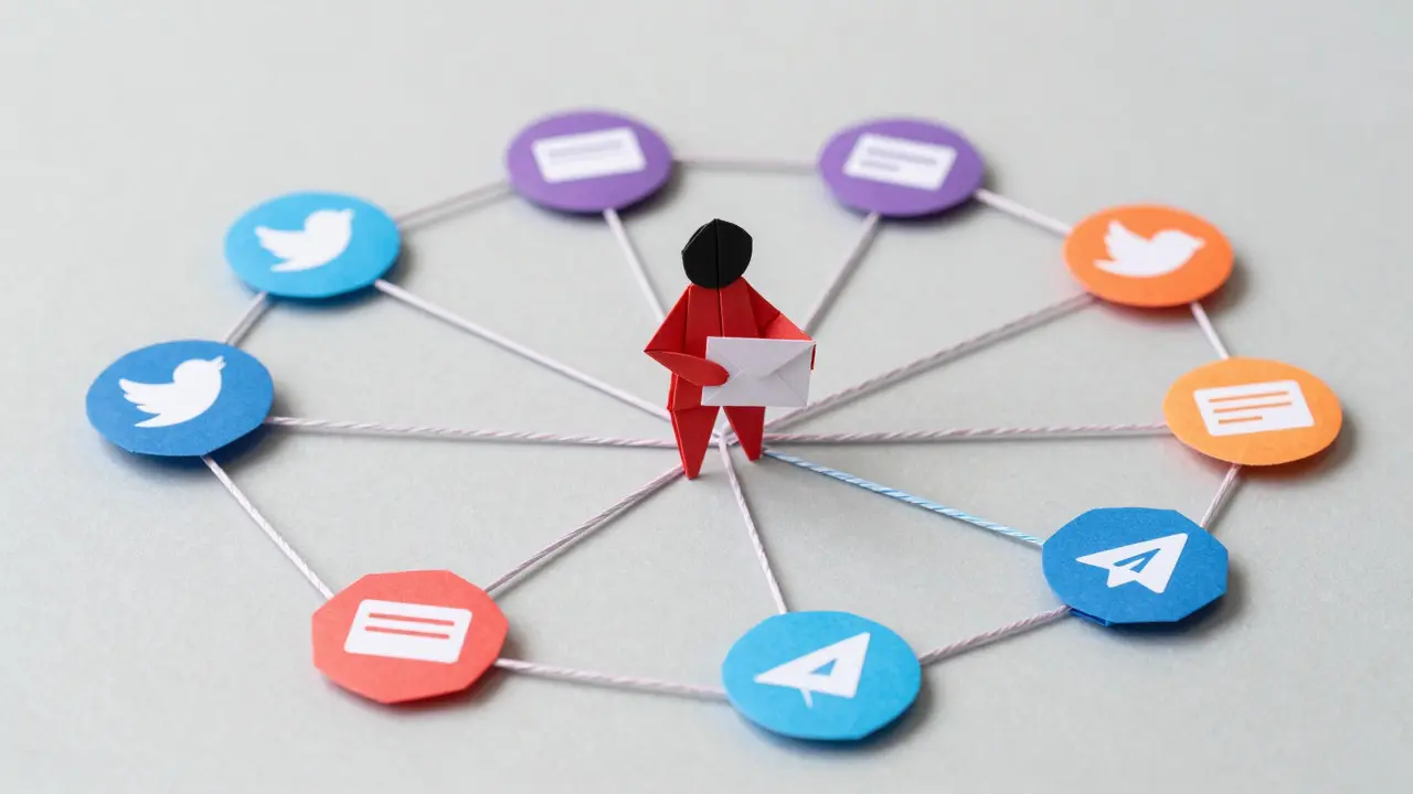 Abstract origami network of users connecting via paper strings and nodes