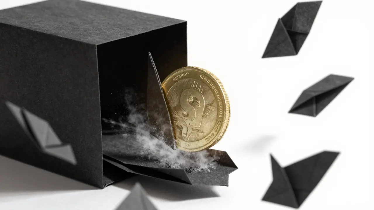 An origami coin being burned in a paper furnace to illustrate token deflation and scarcity