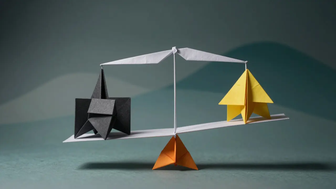 Balanced origami mobile illustrating the trade-off between liquidity risks and fee rewards in DeFi protocols.