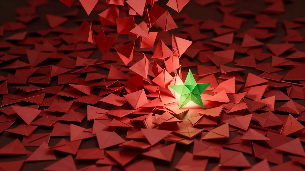 Cascade of red origami squares with a single glowing green star indicating a valid hash