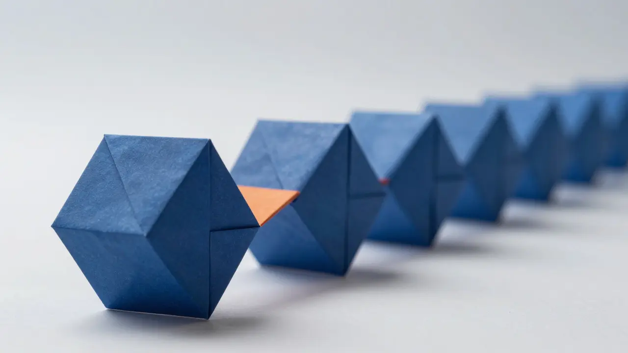 Chain of blue origami blocks with one misaligned section showing blockchain immutability