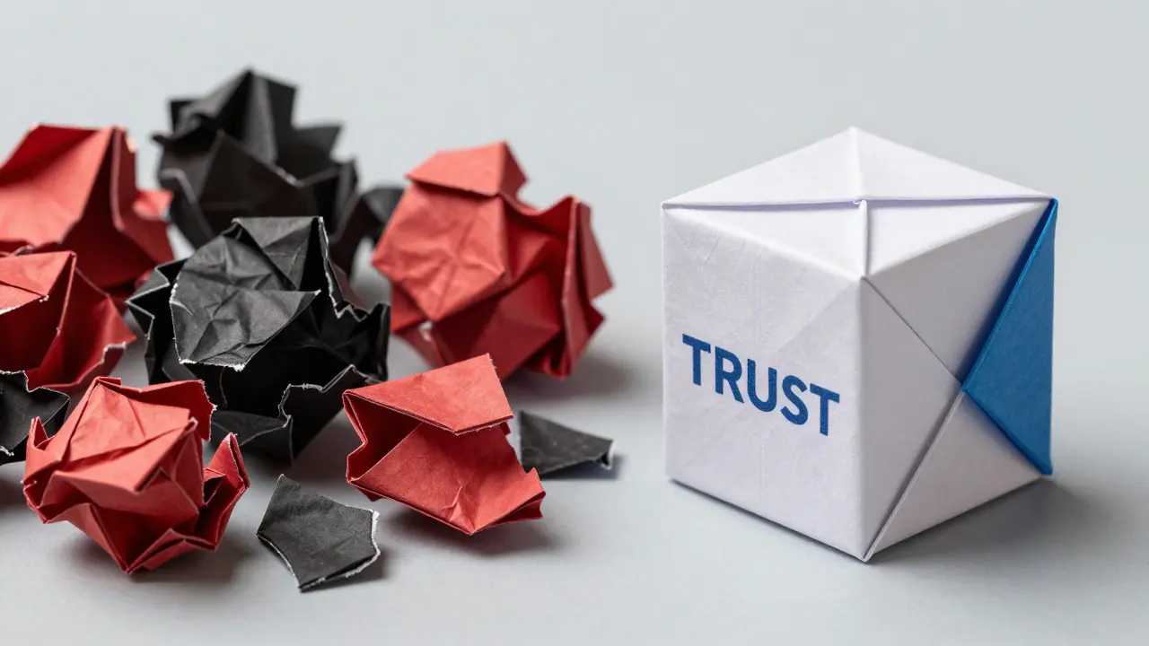 Contrast between crumpled red paper scraps and a stable white origami cube, depicting crypto risk vs stability.
