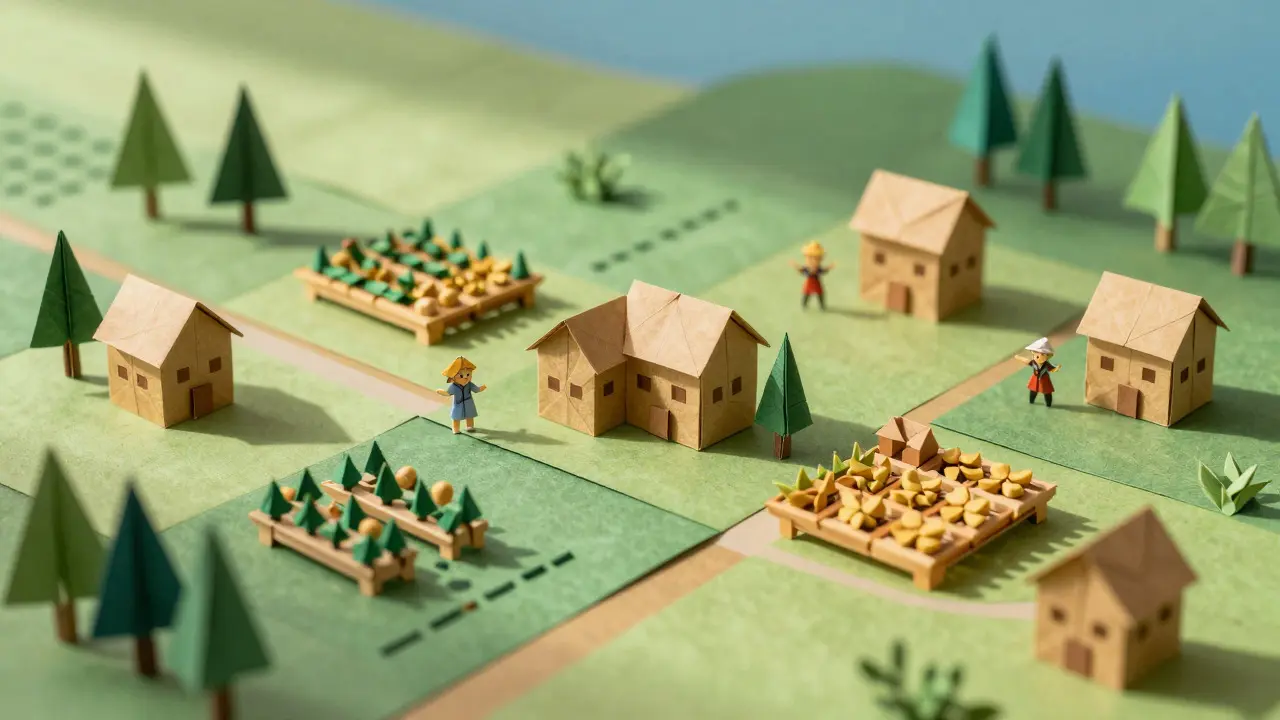 Folded paper landscape depicting Faraland's land economy and hero mechanics.
