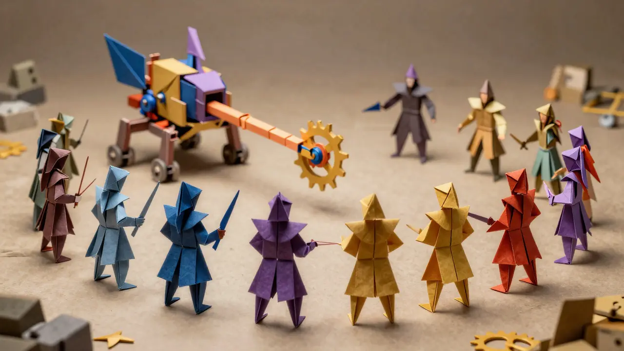 Folded paper mythological gods in battle formation with an automated paper farming mechanism