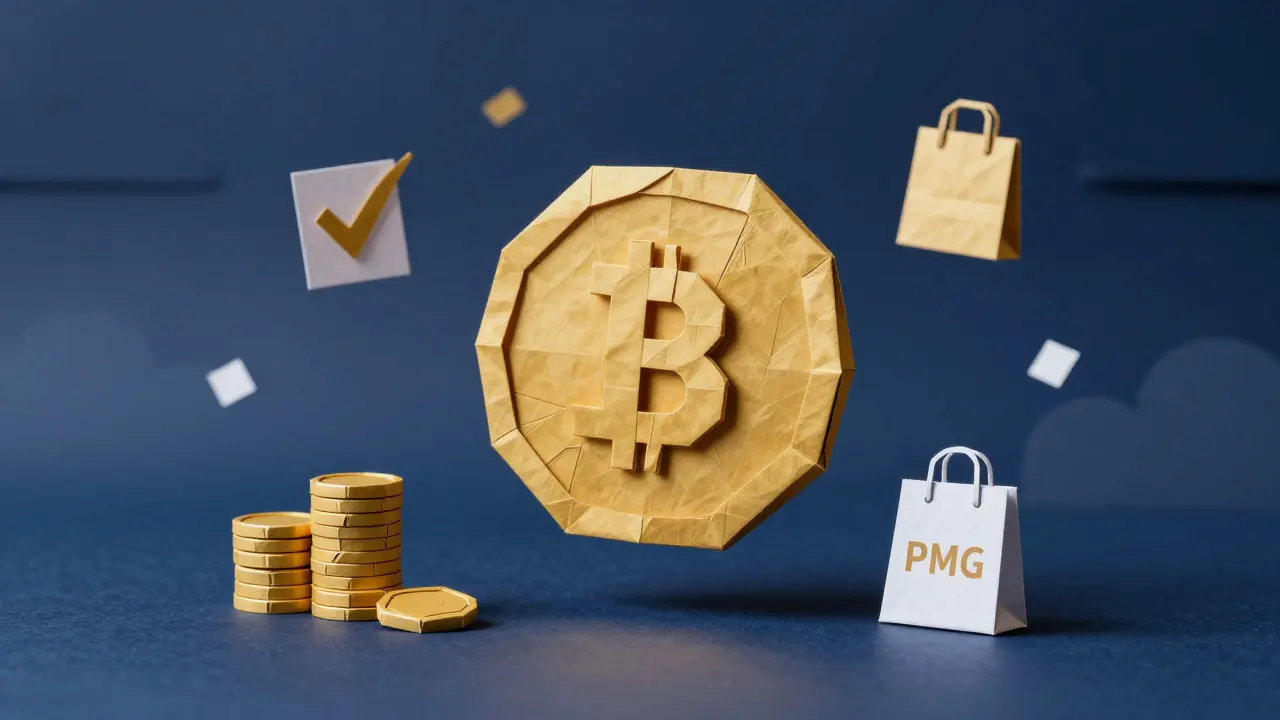 Golden origami coin with game utility icons