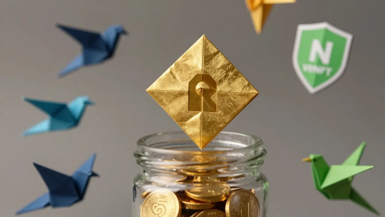 Golden origami token entering a jar, surrounded by paper symbols of governance rights and financial rewards.