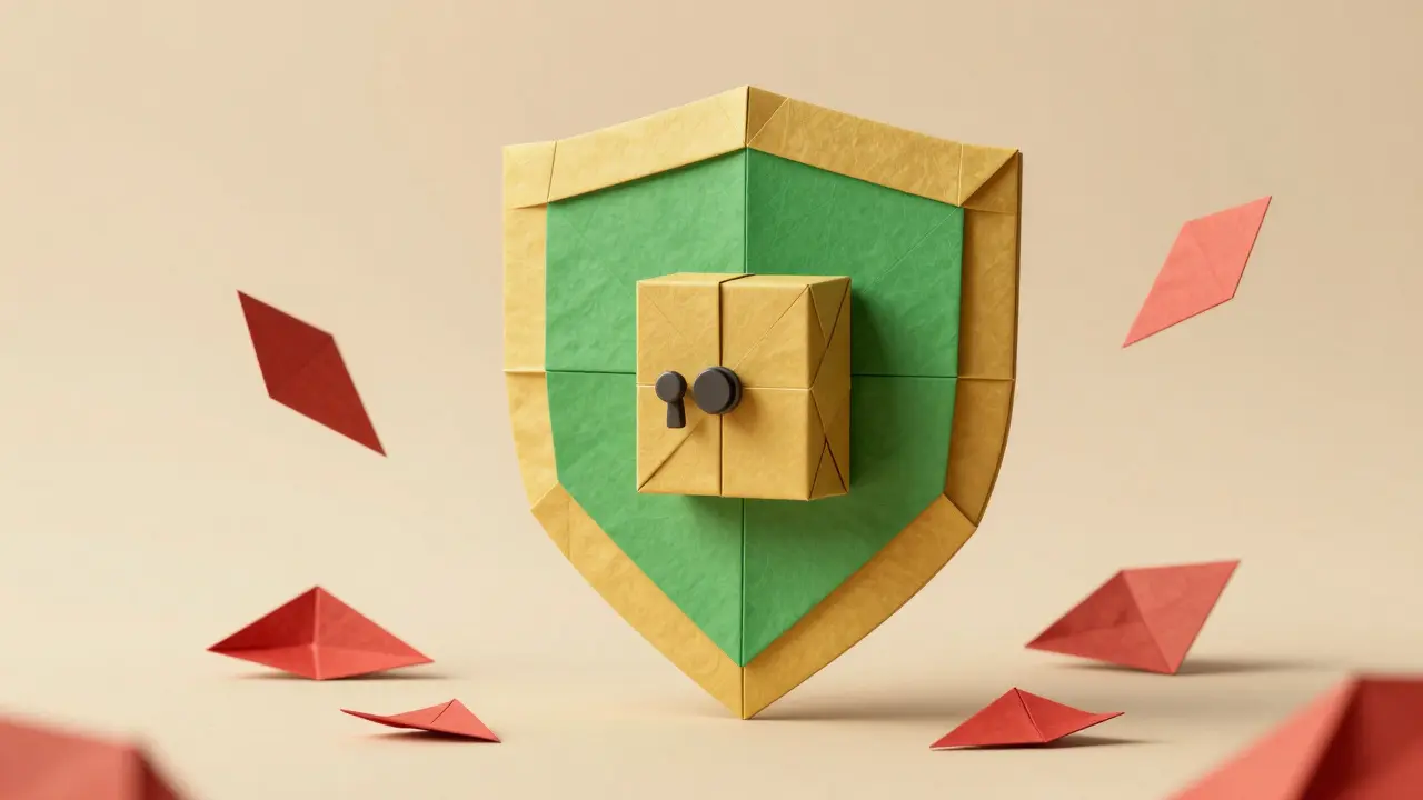 Green and gold origami shield protecting a small paper safe from red scraps