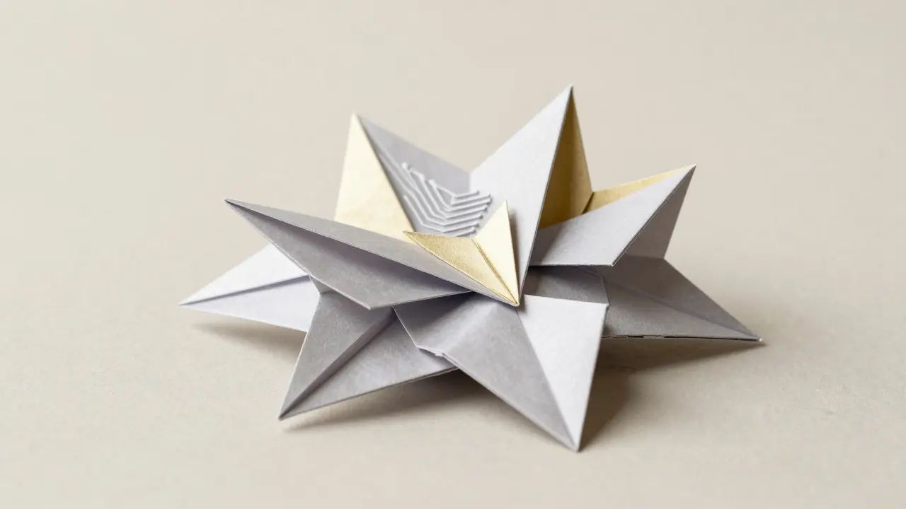 Intricate origami neural network made of silver and white paper folds, representing AI utility.