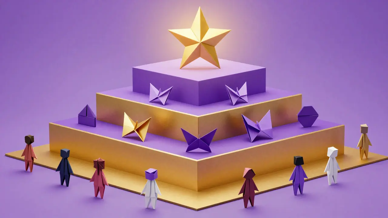 Layered origami pyramid structure representing IDO launch stages and community