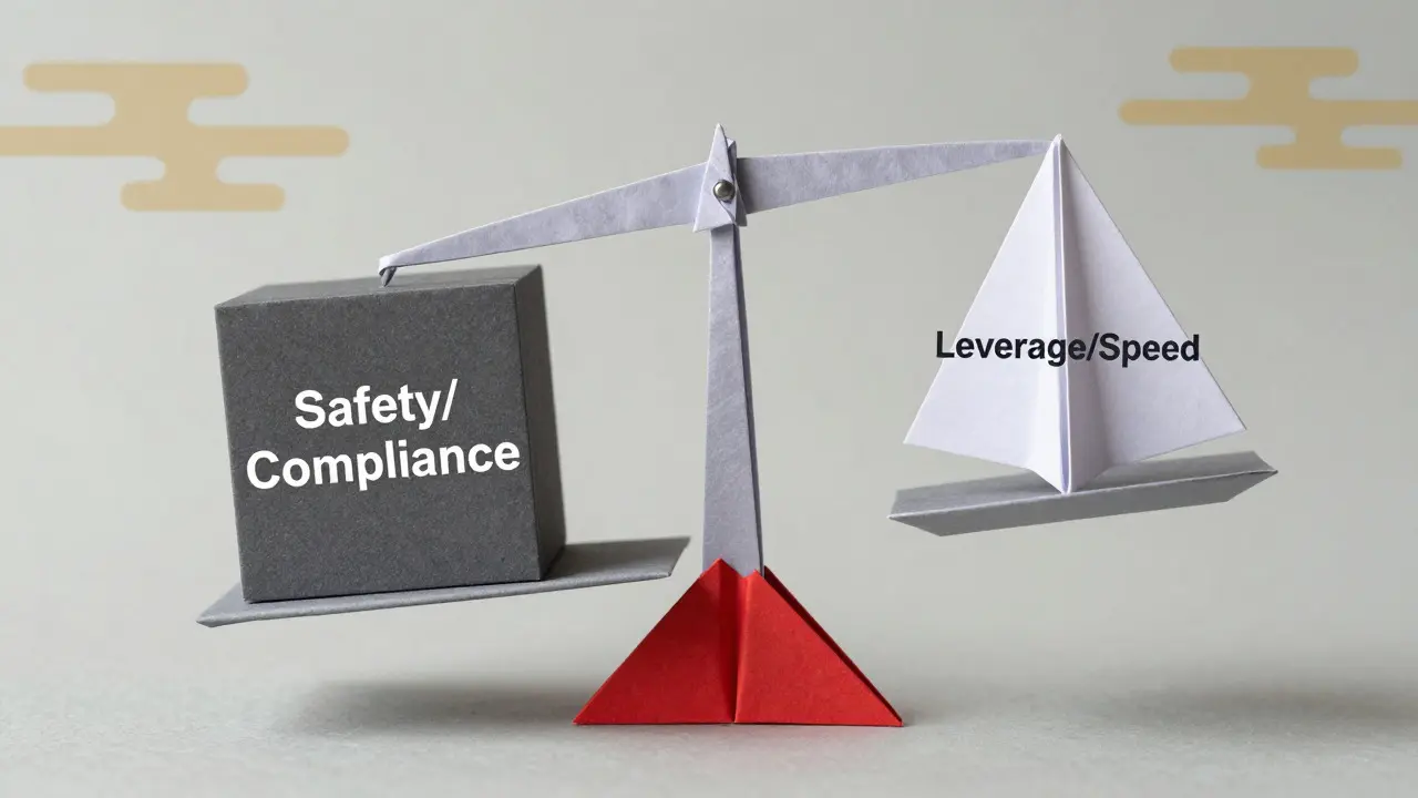 Origami balance scale showing Japan's preference for safety over high-leverage crypto trading.
