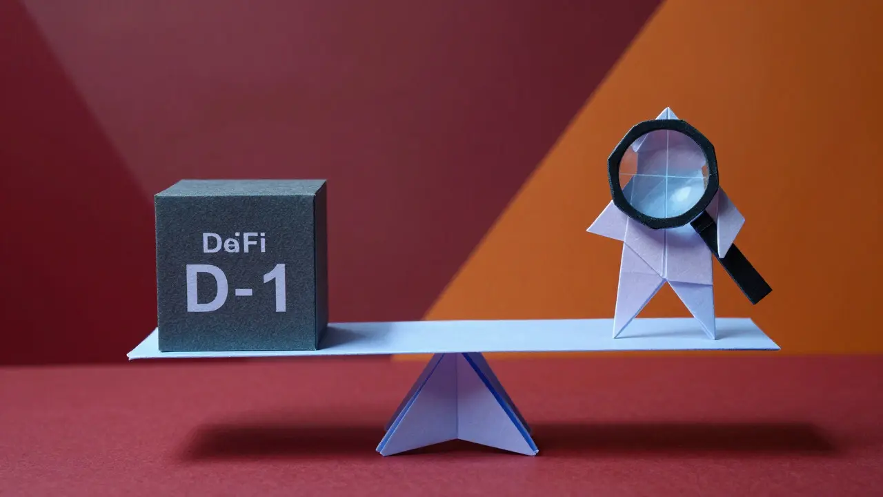 Origami balance scale weighing risk blocks against a magnifying glass