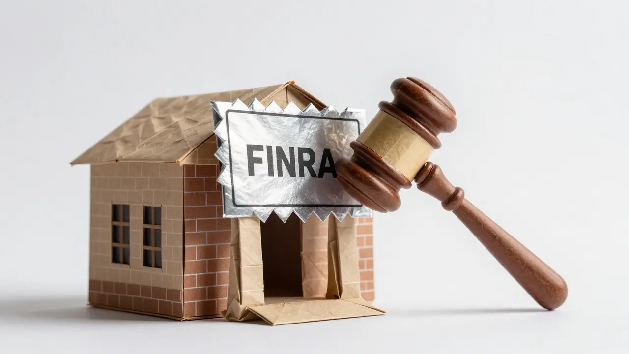 Origami bank merging with crypto symbols under a looming regulatory gavel.