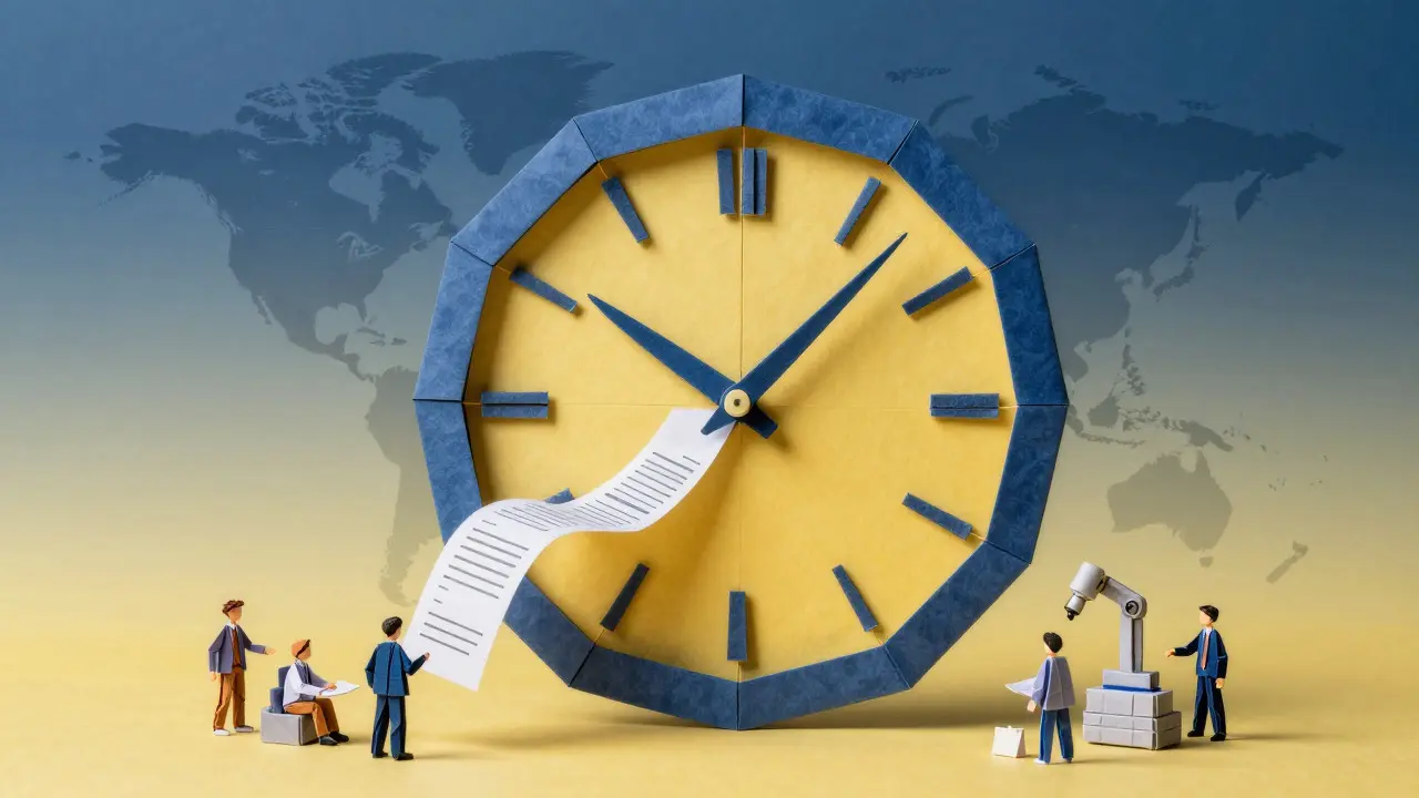 Origami clock with paper data streams and global map, illustrating future AI-driven logistics