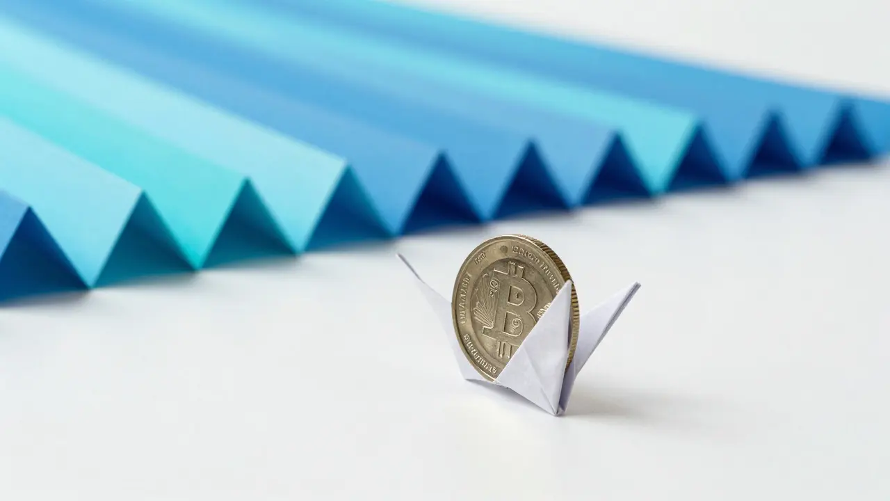 Origami coin with a trail of paper strips symbolizing fast block times and scarcity