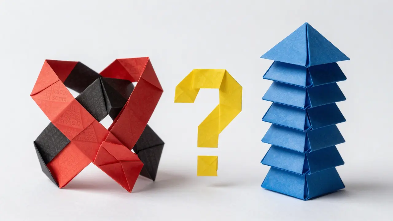 Origami comparison of chaotic scam structure vs stable exchange tower