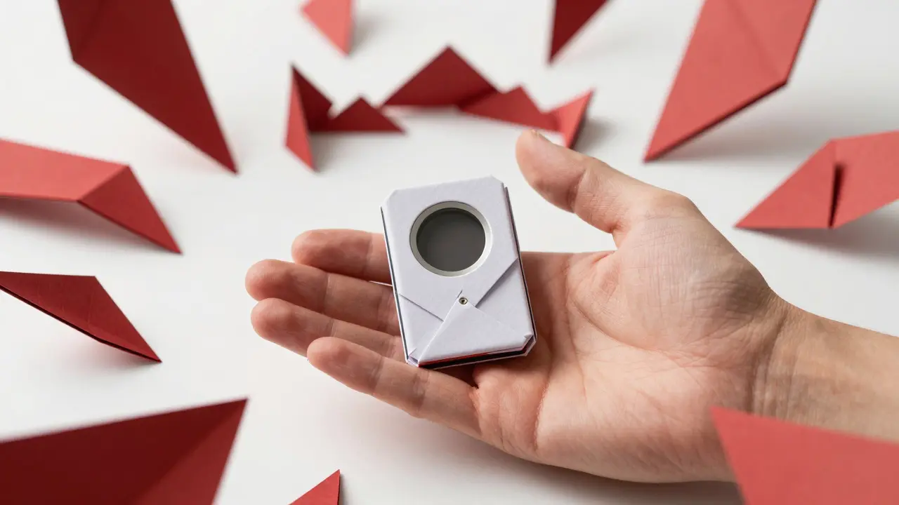 Origami hand holding secure hardware wallet against threats