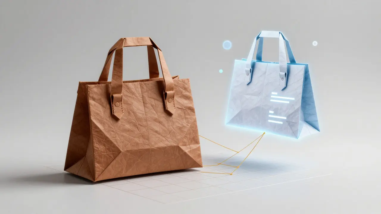 Origami handbag linked to its digital twin on blockchain