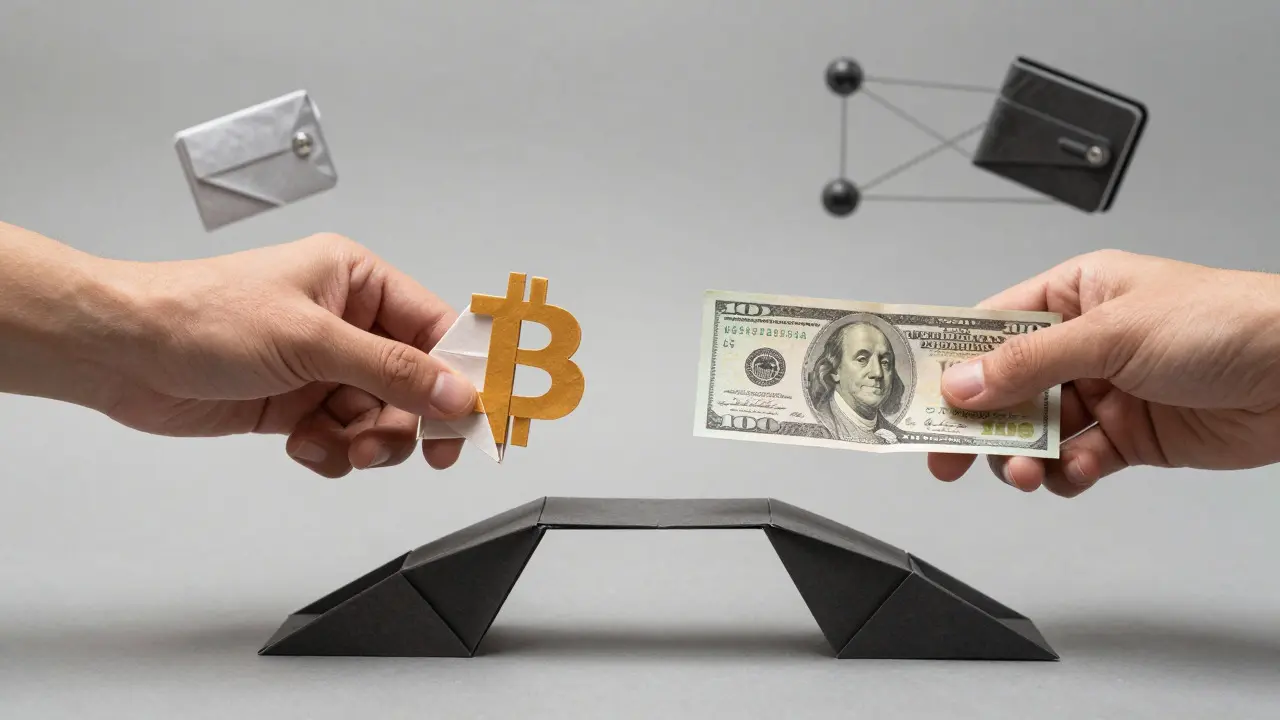 Origami hands exchanging paper bitcoin and cash over a bridge of paper chains
