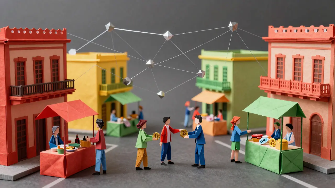 Origami market scene in Havana with people exchanging gold paper coins under silver threads