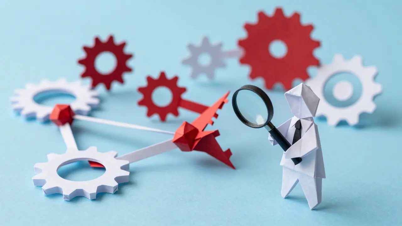Origami regulator inspecting tangled paper chains representing market manipulation.