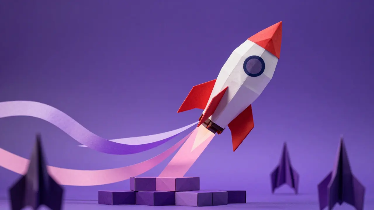 Origami rocket launching from a paper platform with a swirling paper trail