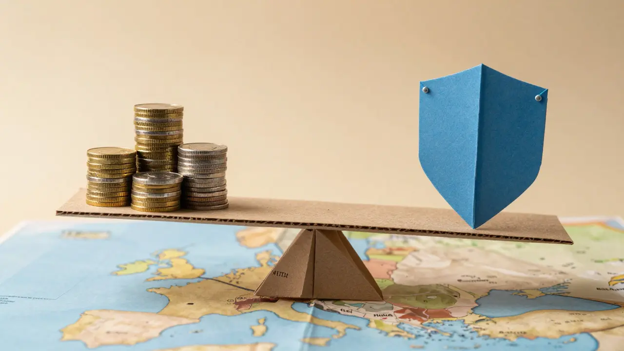 Origami scales balancing cost coins against a compliance shield over a map