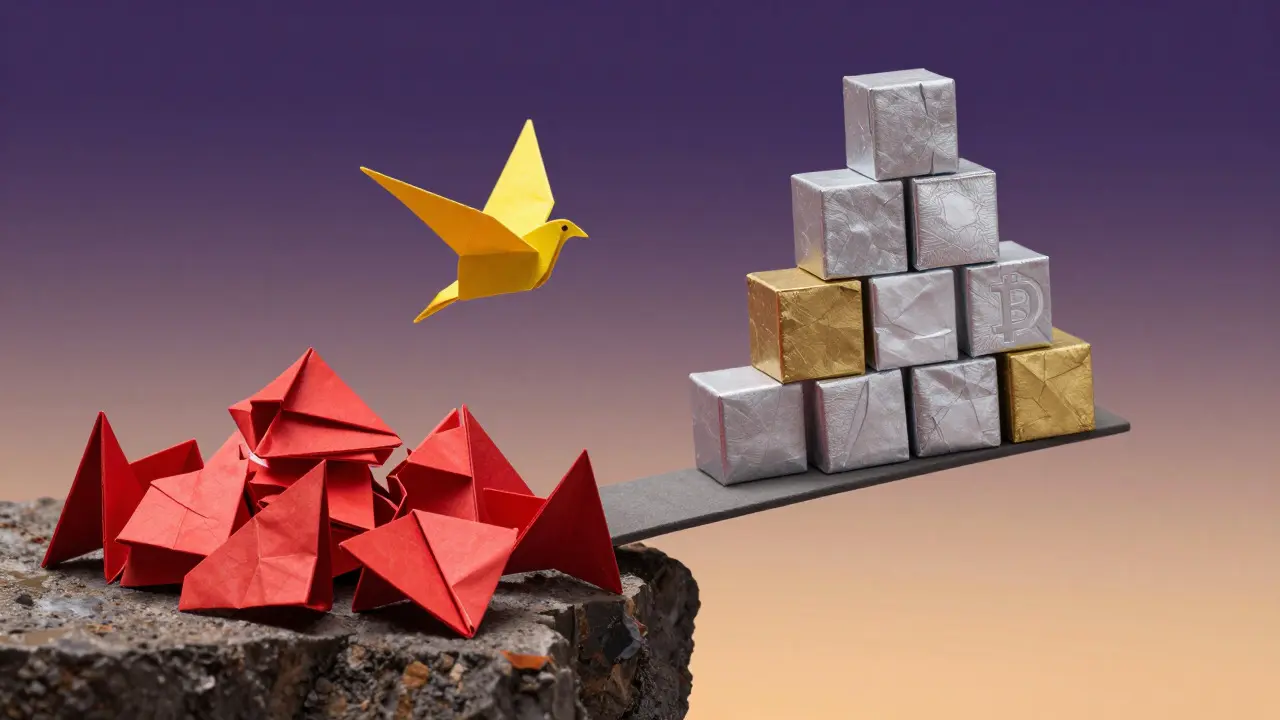 Origami scene with unstable red blocks balancing near a structured tower under a dawn sky