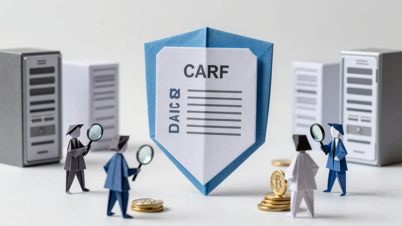 Origami shield and figures inspecting paper coins representing tax compliance rules